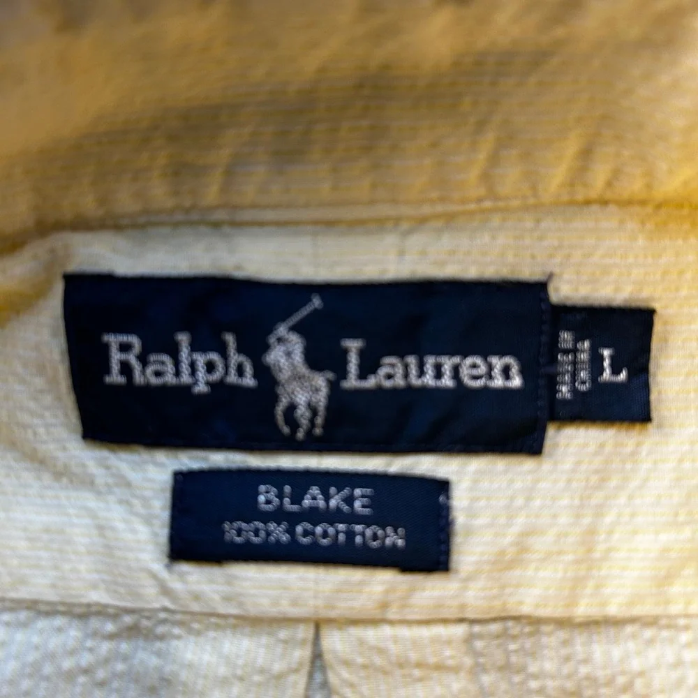 Ralph Lauren Shirt Mens Size L Yellow Seersucker Blake Cotton Short Sleeve
